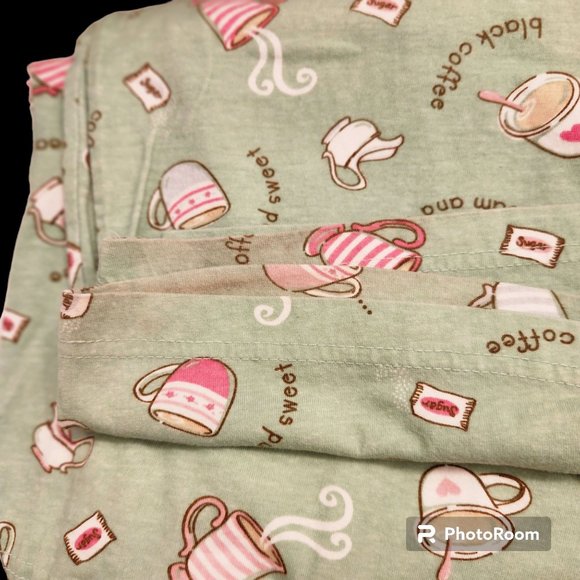 Women's Bass Pajama Set LS Coffee Theme Green Size Large Preowned - Picture 7 of 8